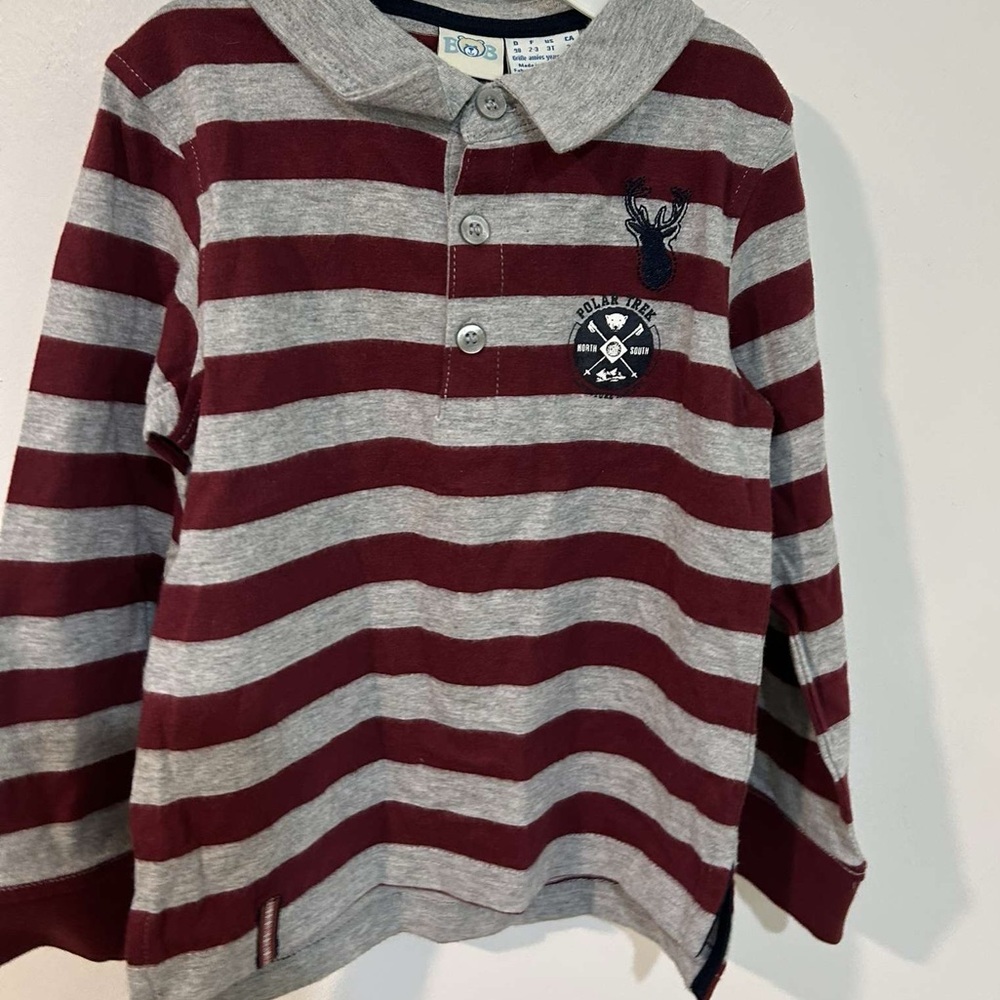 grey and maroon striped henley collared boys top